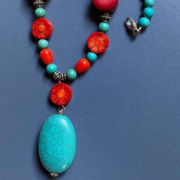 Sterling Silver Turquoise and Coral Necklace - Picture 4 of 6